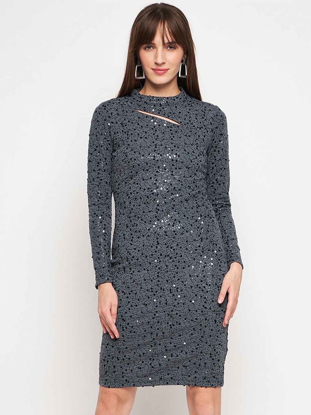 

Madame Sequinned Embellished Long Sleeves Cut-Out Sheath Dress, Grey