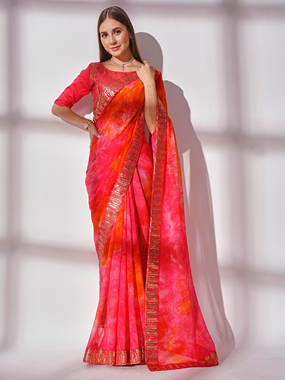 

Mitera Ombre Sequinned Pure Georgette Saree, Pink