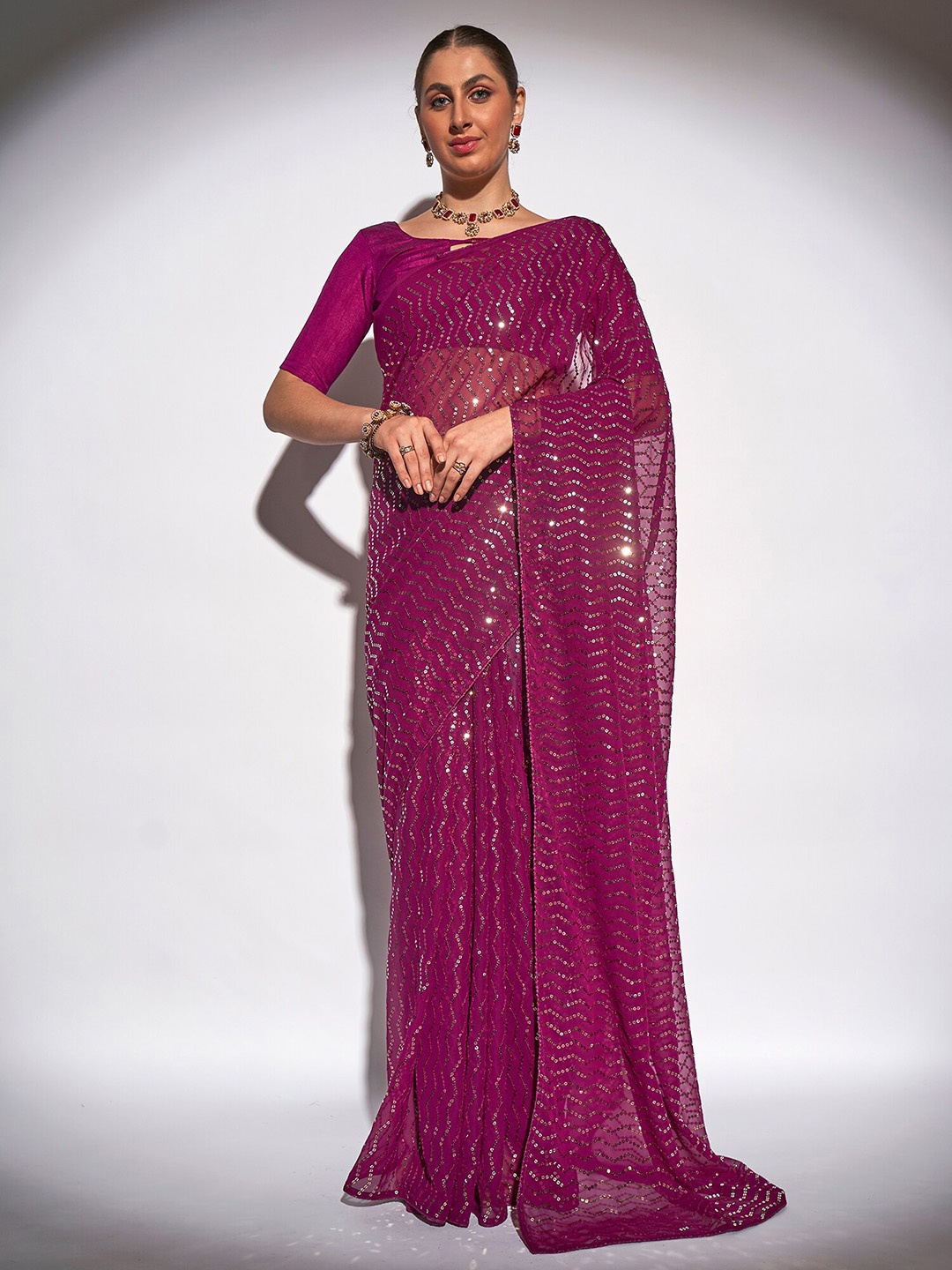

Mitera Embellished Sequinned Pure Georgette Saree, Purple
