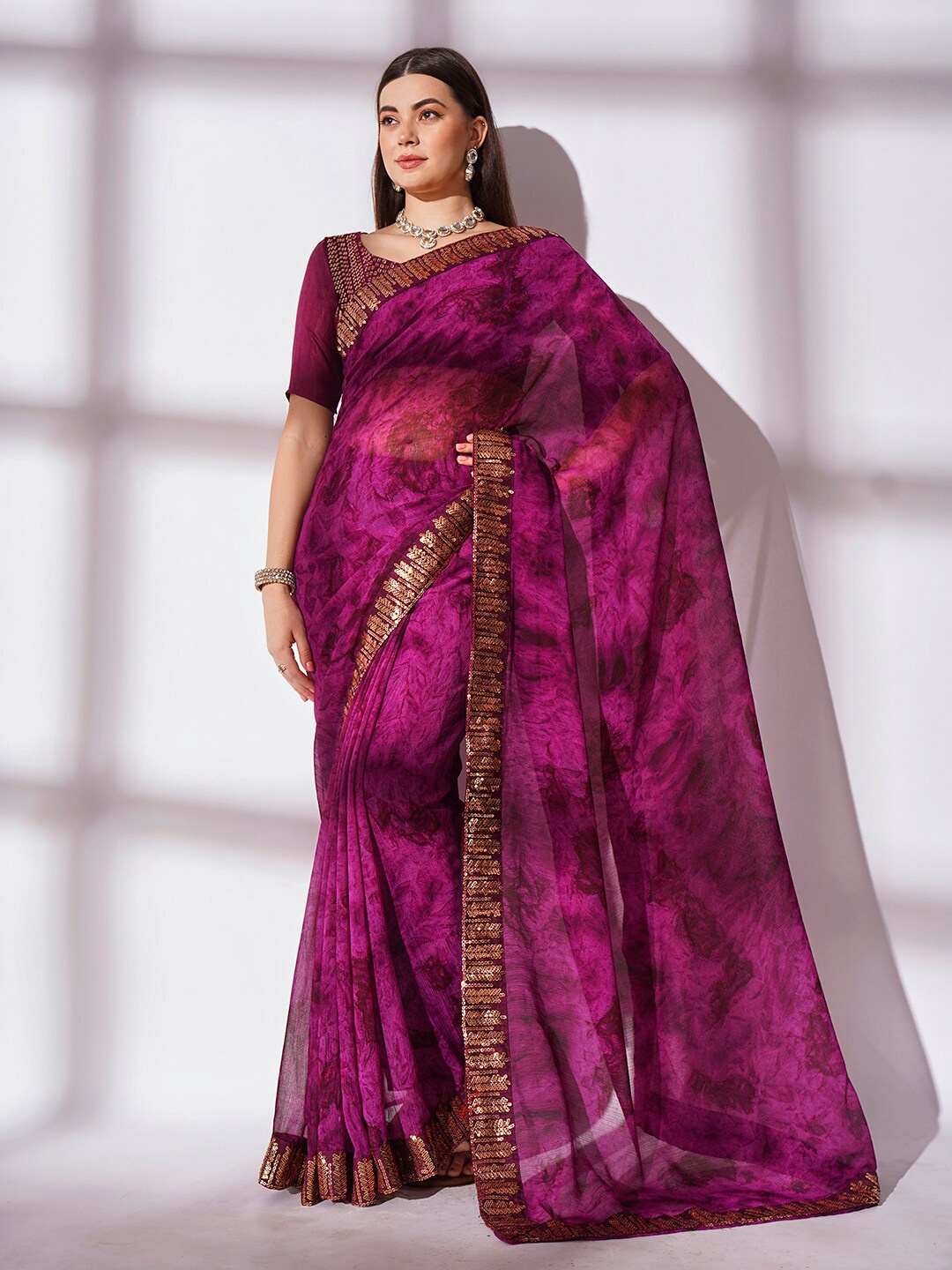 

Mitera Purple Abstract Printed Sequinned Pure Georgette Saree