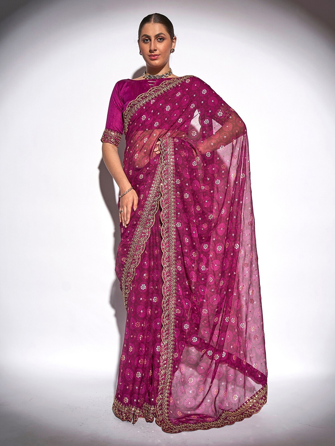 

Mitera Purple Floral Printed Sequinned Pure Georgette Saree