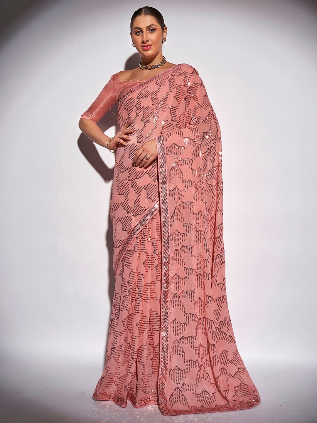 

Mitera Peach-Coloured Embellished Sequinned Pure Georgette Saree