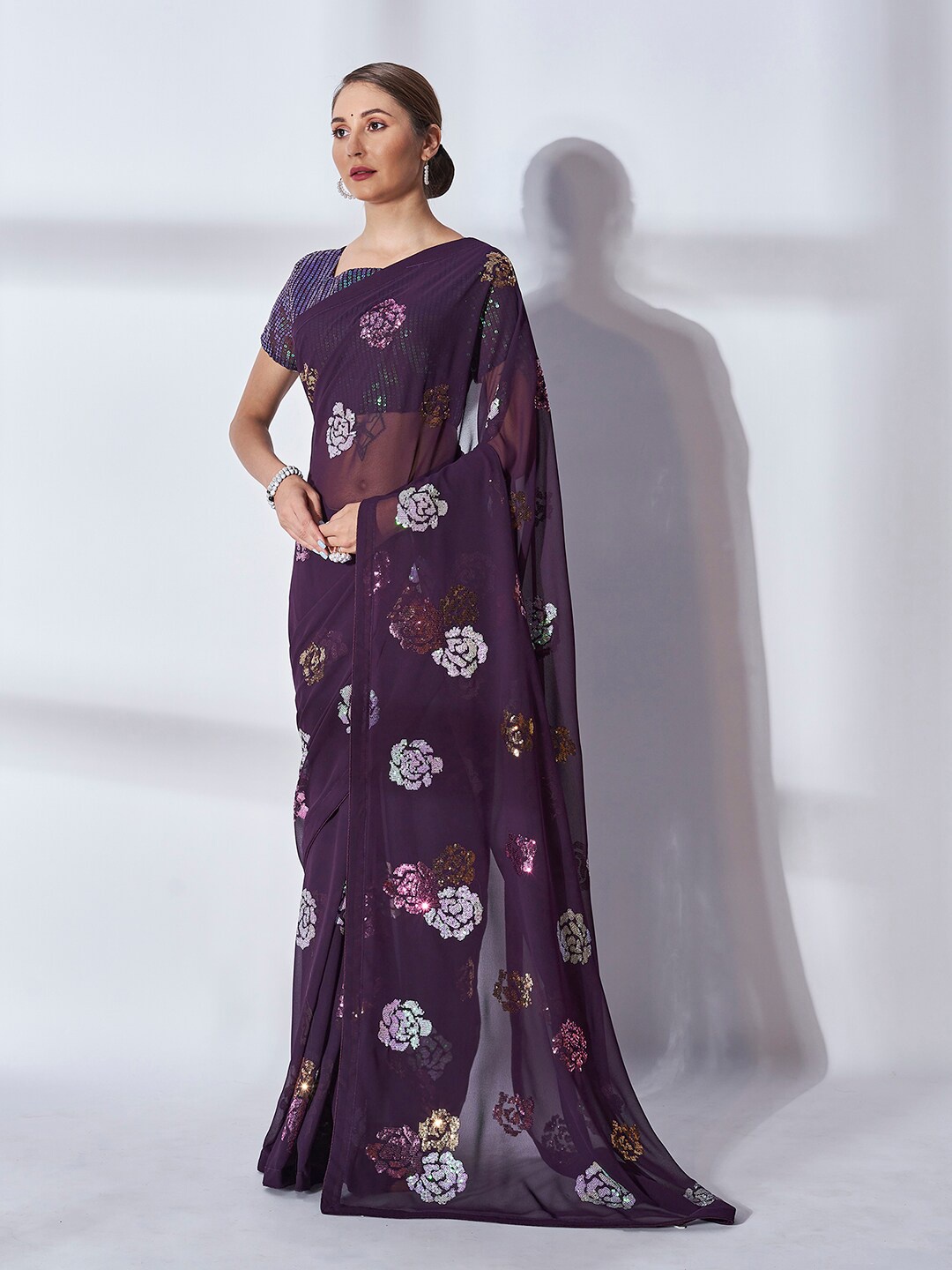 

Mitera Purple & White Embellished Sequinned Pure Georgette Saree