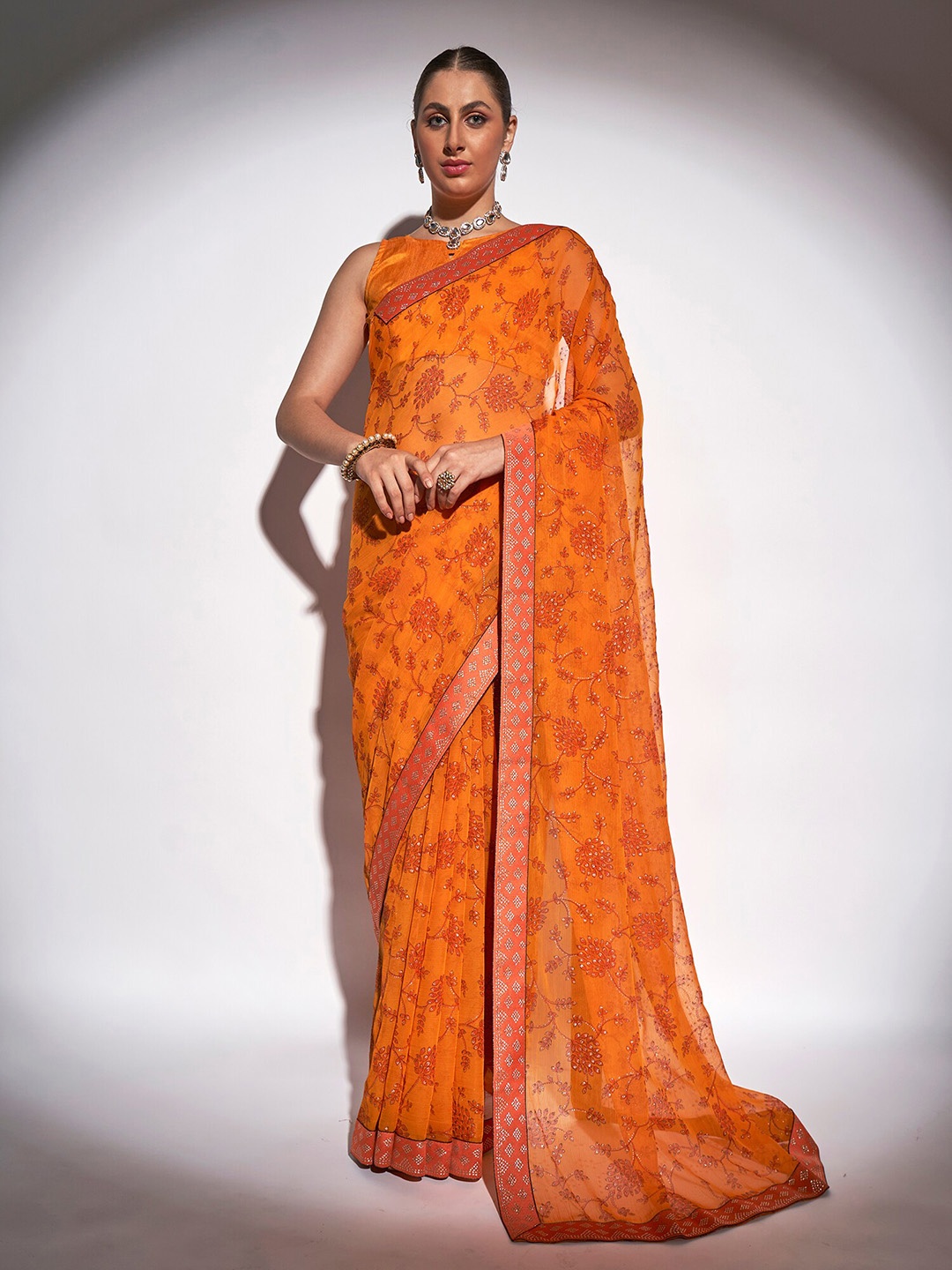 

Mitera Mustard Yellow & Red Floral Printed Beads And Stones Pure Georgette Saree