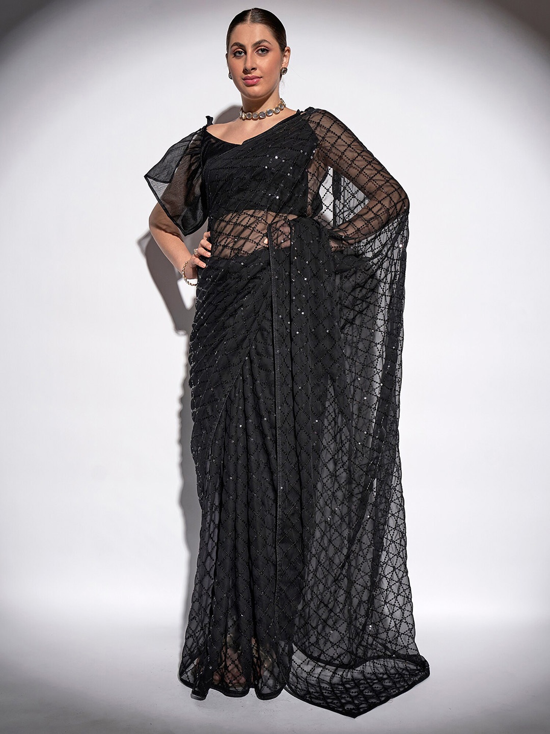 

Mitera Black Embellished Sequinned Pure Georgette Saree