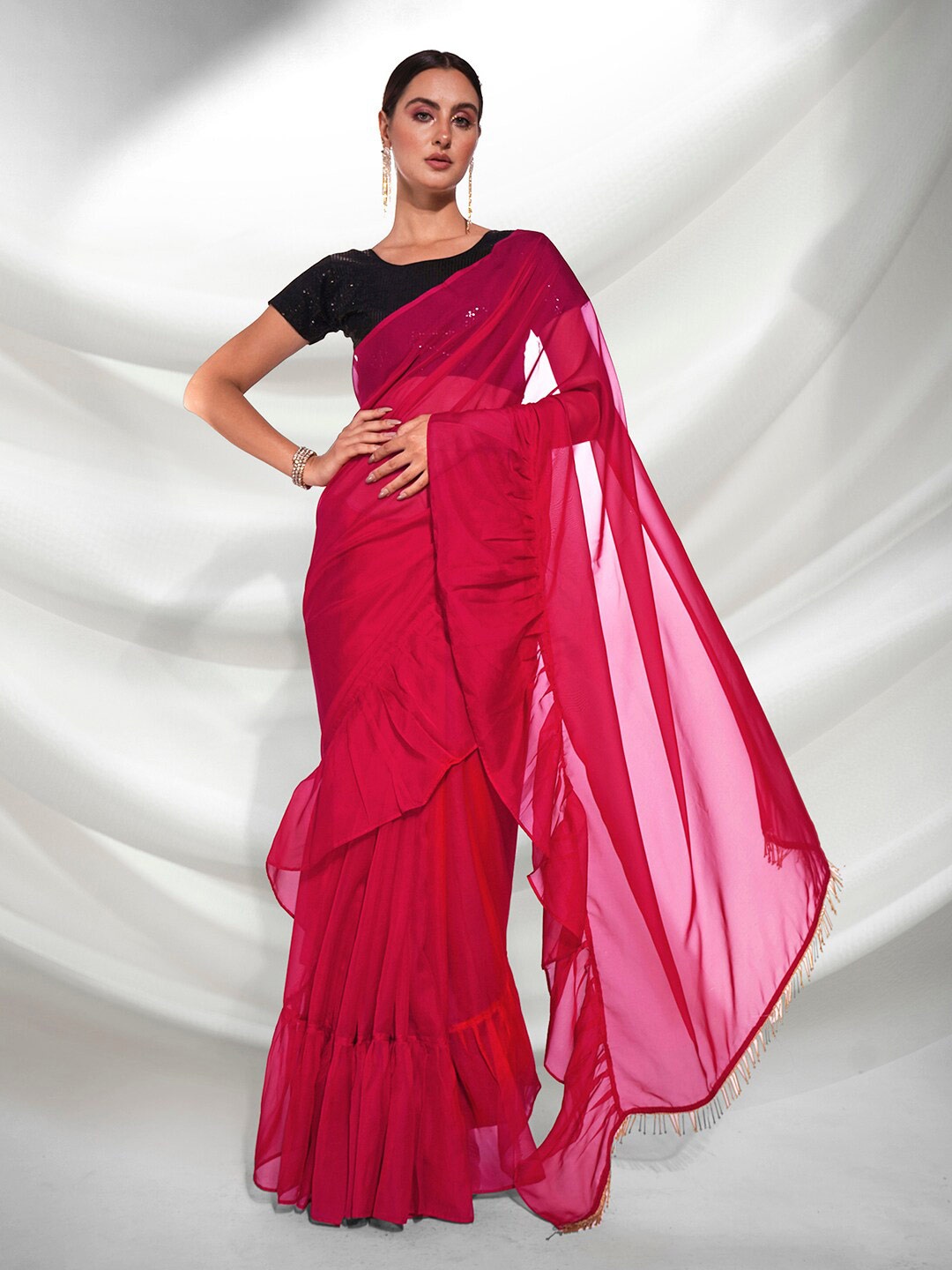 

Mitera Ruffled Organza Saree, Pink