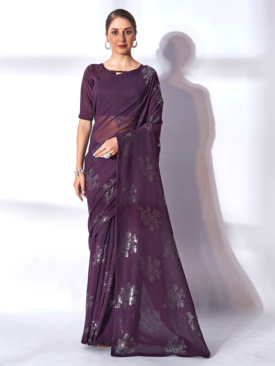 

Mitera Embellished Sequinned Pure Georgette Saree, Purple