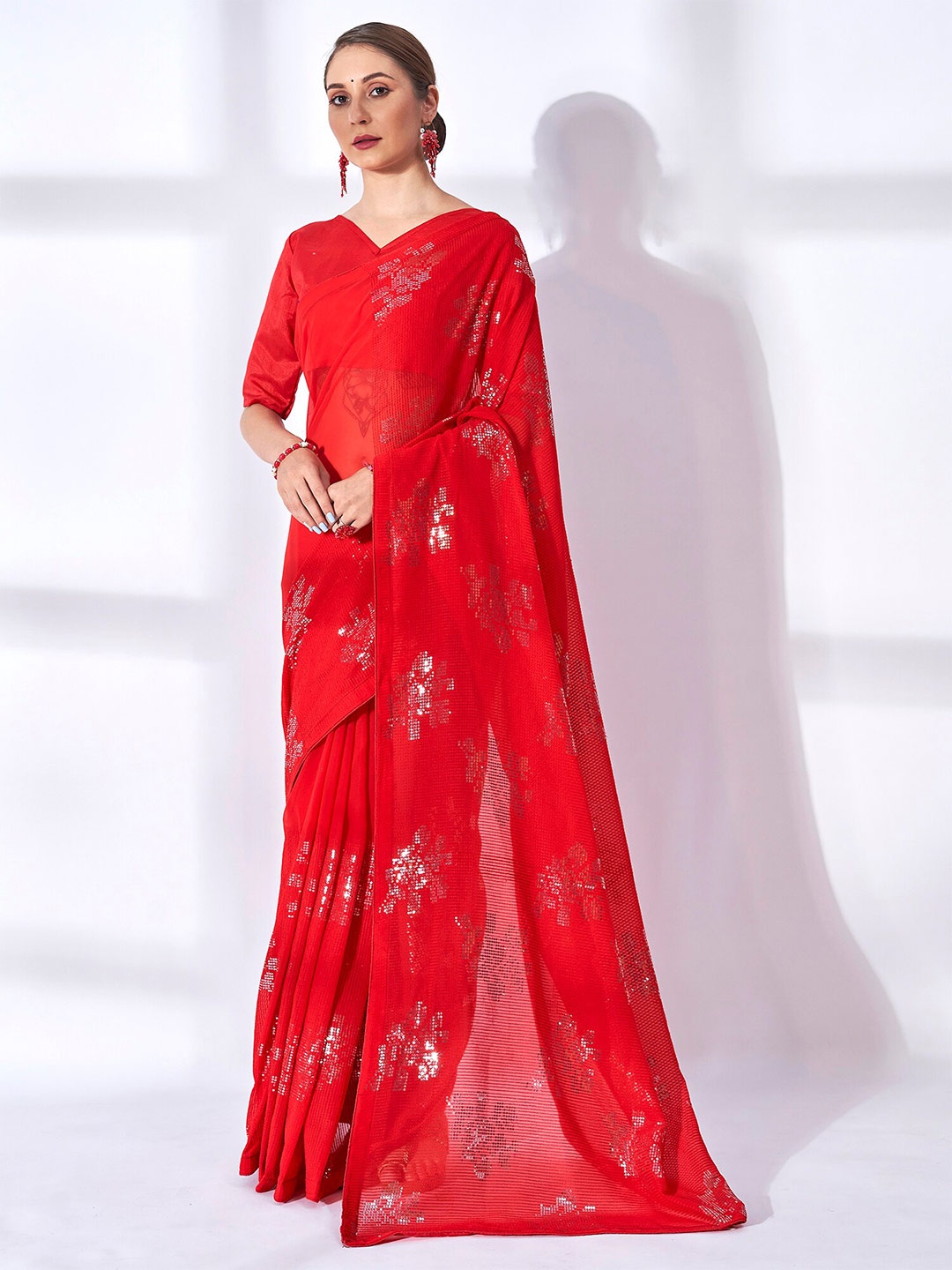 

Mitera Embellished Sequinned Pure Georgette Saree, Red