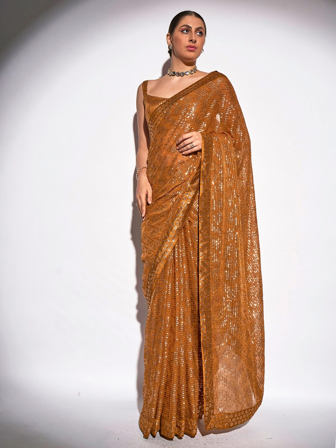 

Mitera Embellished Sequinned Pure Georgette Saree, Gold