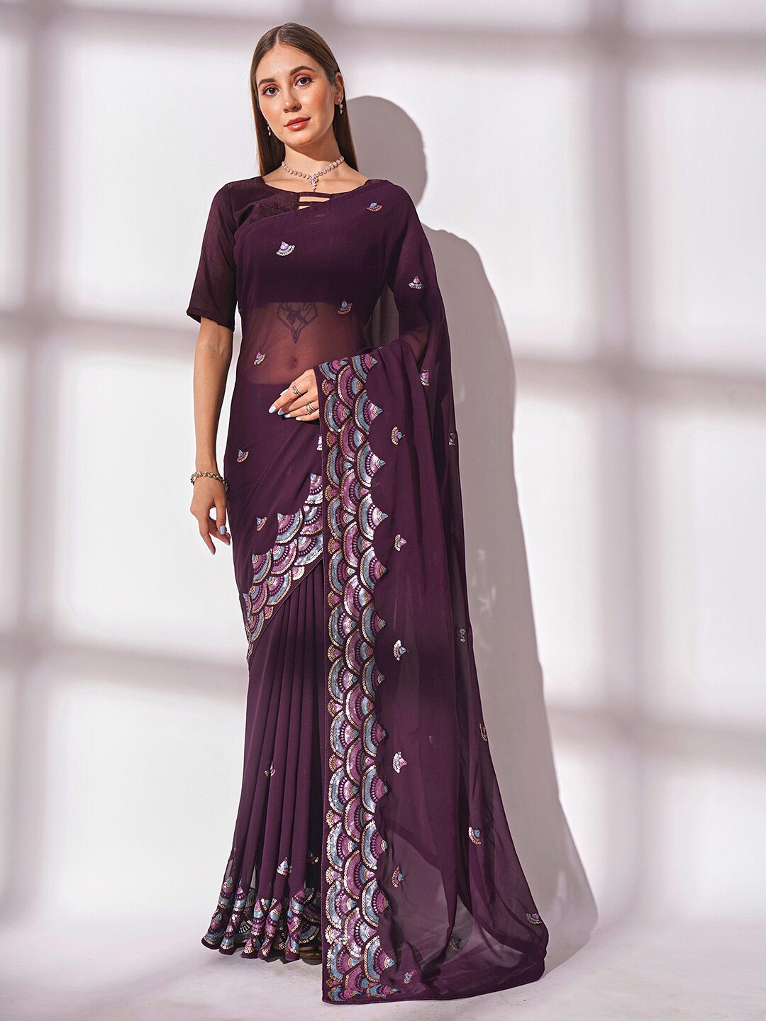 

Mitera Embroidered Sequinned Pure Georgette Saree, Magenta