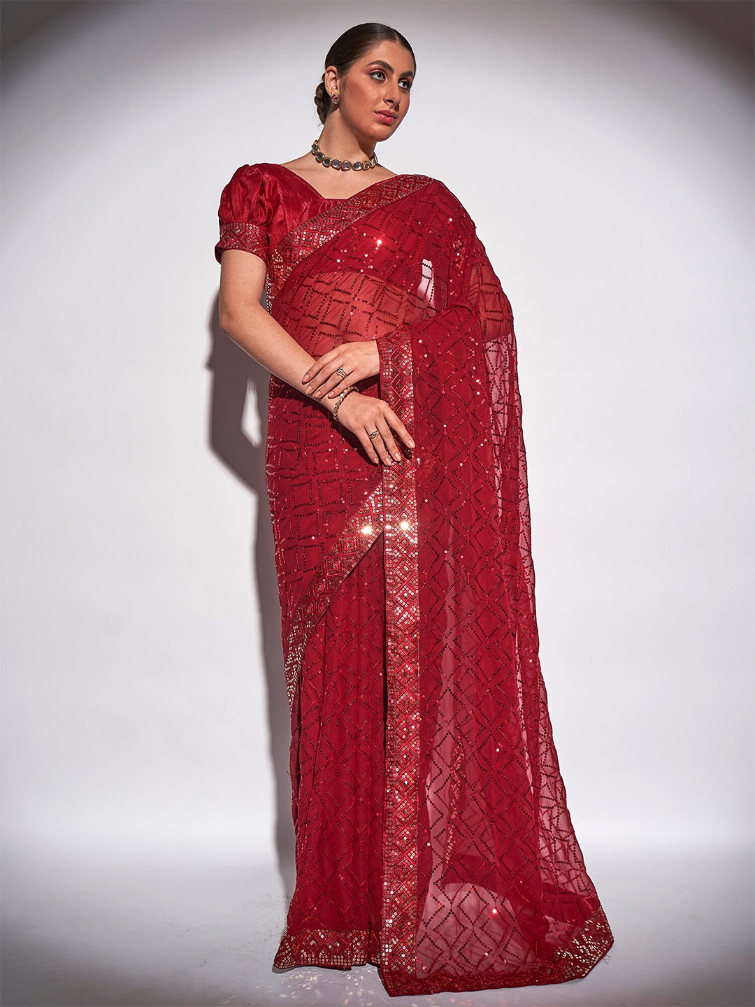 

Mitera Red Sequined Pure Georgette Saree