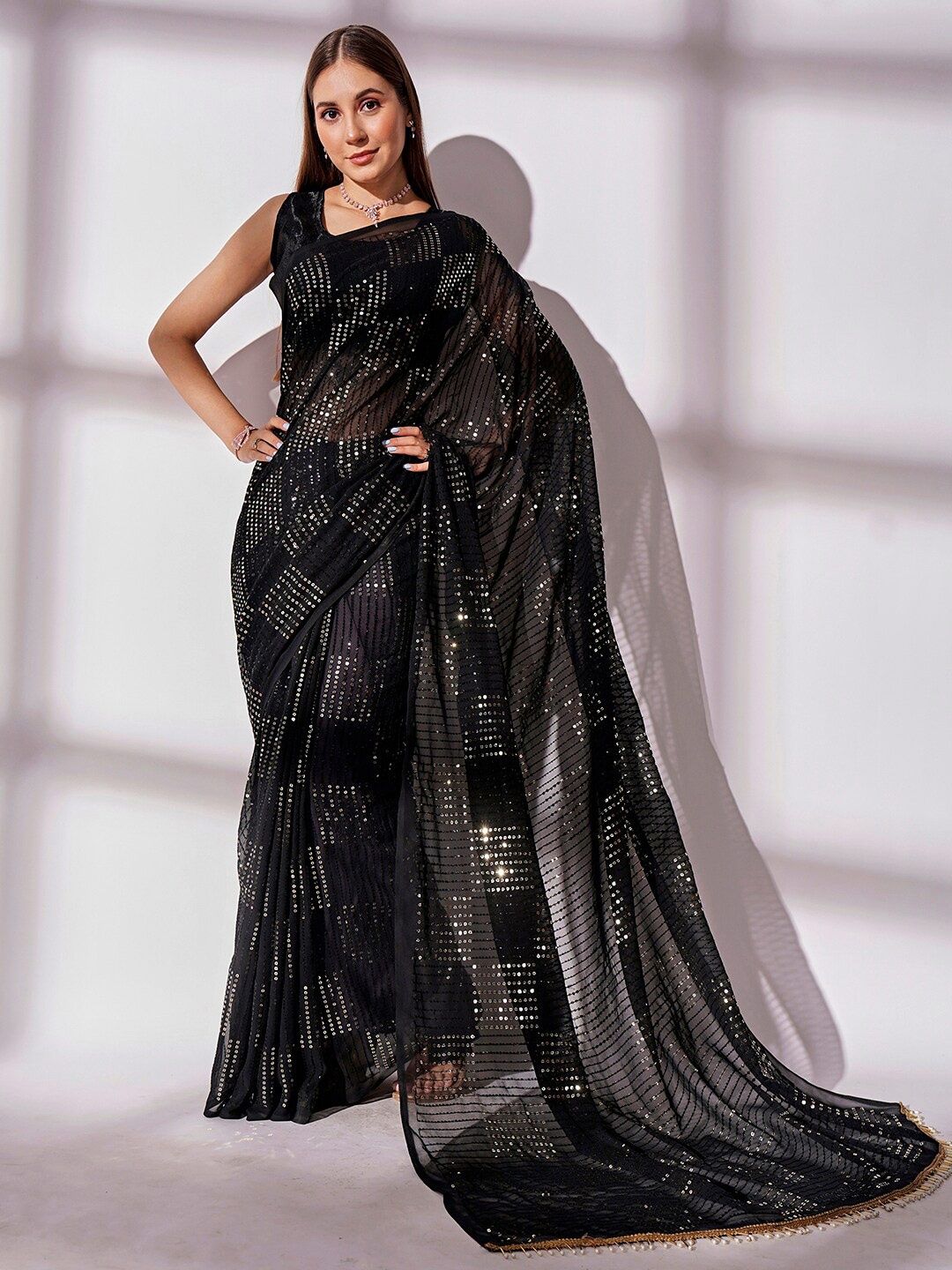

Mitera Black & Gold-Toned Embellished Sequined Pure Georgette Saree
