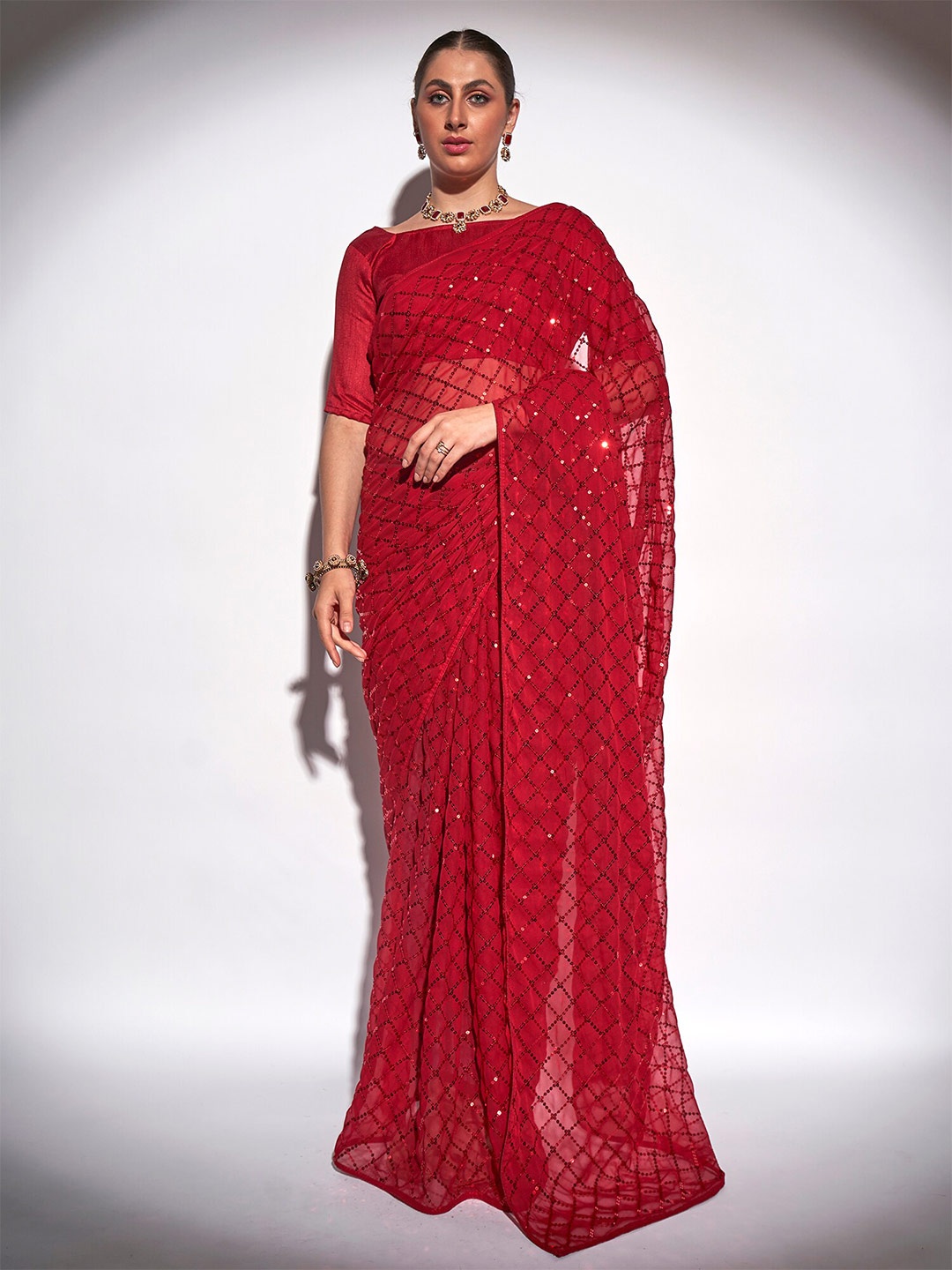 

Mitera Red & Gold-Toned Embellished Sequined Pure Georgette Saree