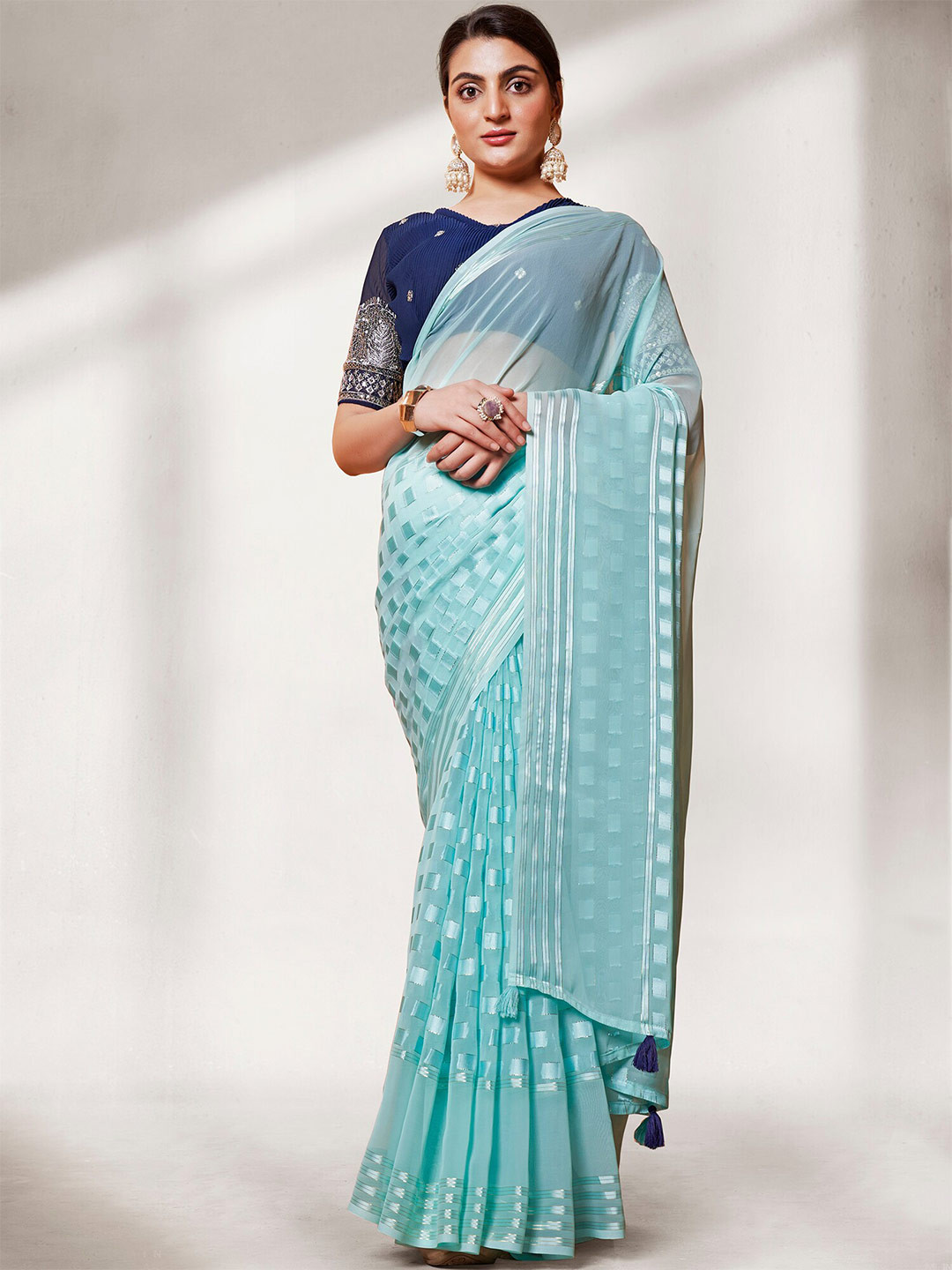 

Mitera Teal & Blue Geometric Woven Design Pure Georgette Saree