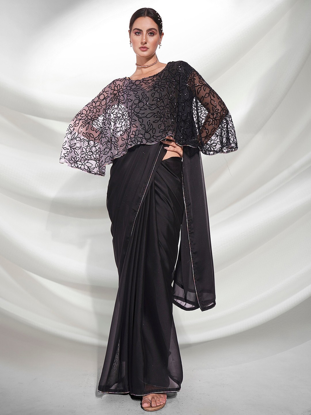 

Mitera Black & Silver-Toned Gotta Patti Pure Georgette Saree
