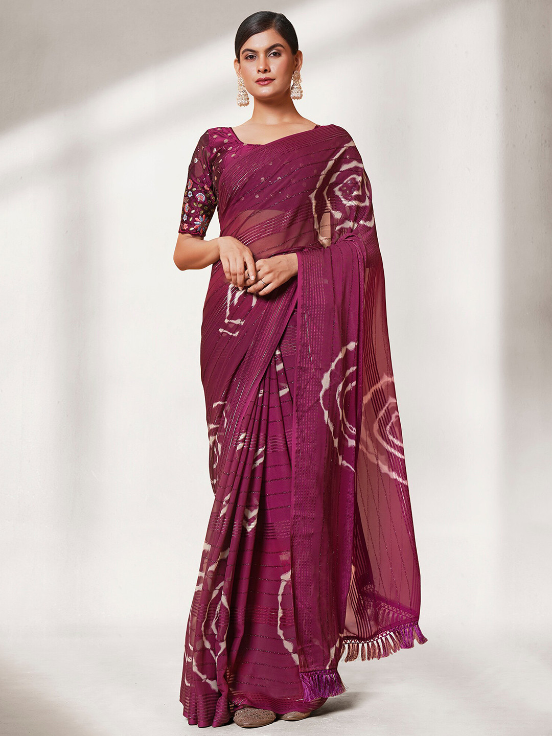 

Mitera Burgundy & White Striped Pure Georgette Saree