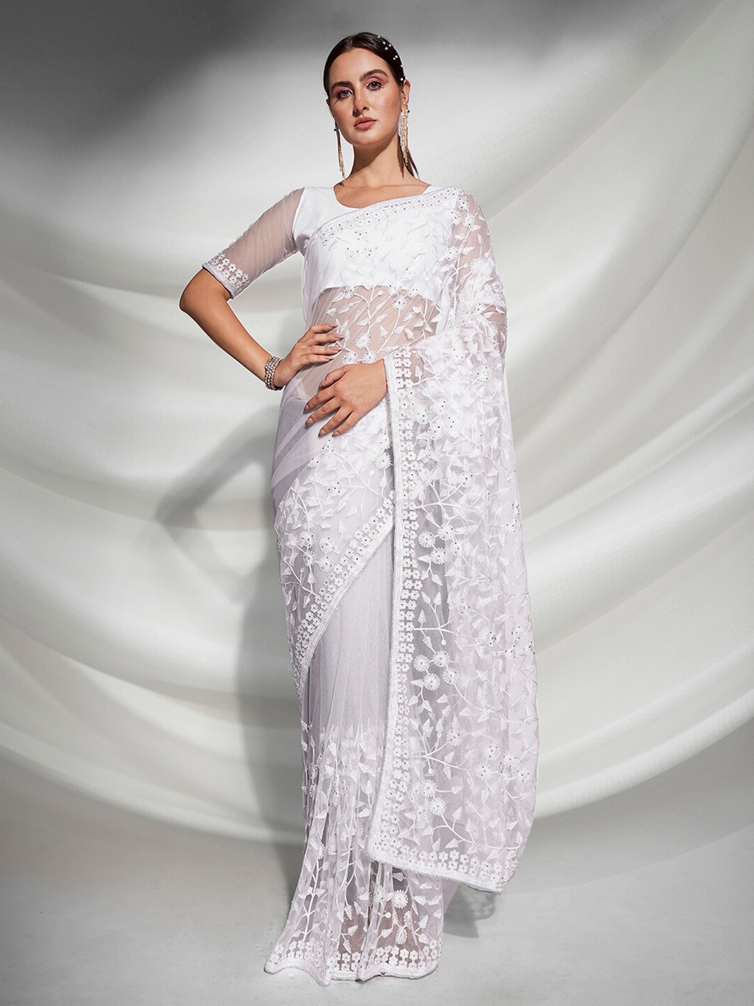 

Mitera White Floral Embroidered Net Saree