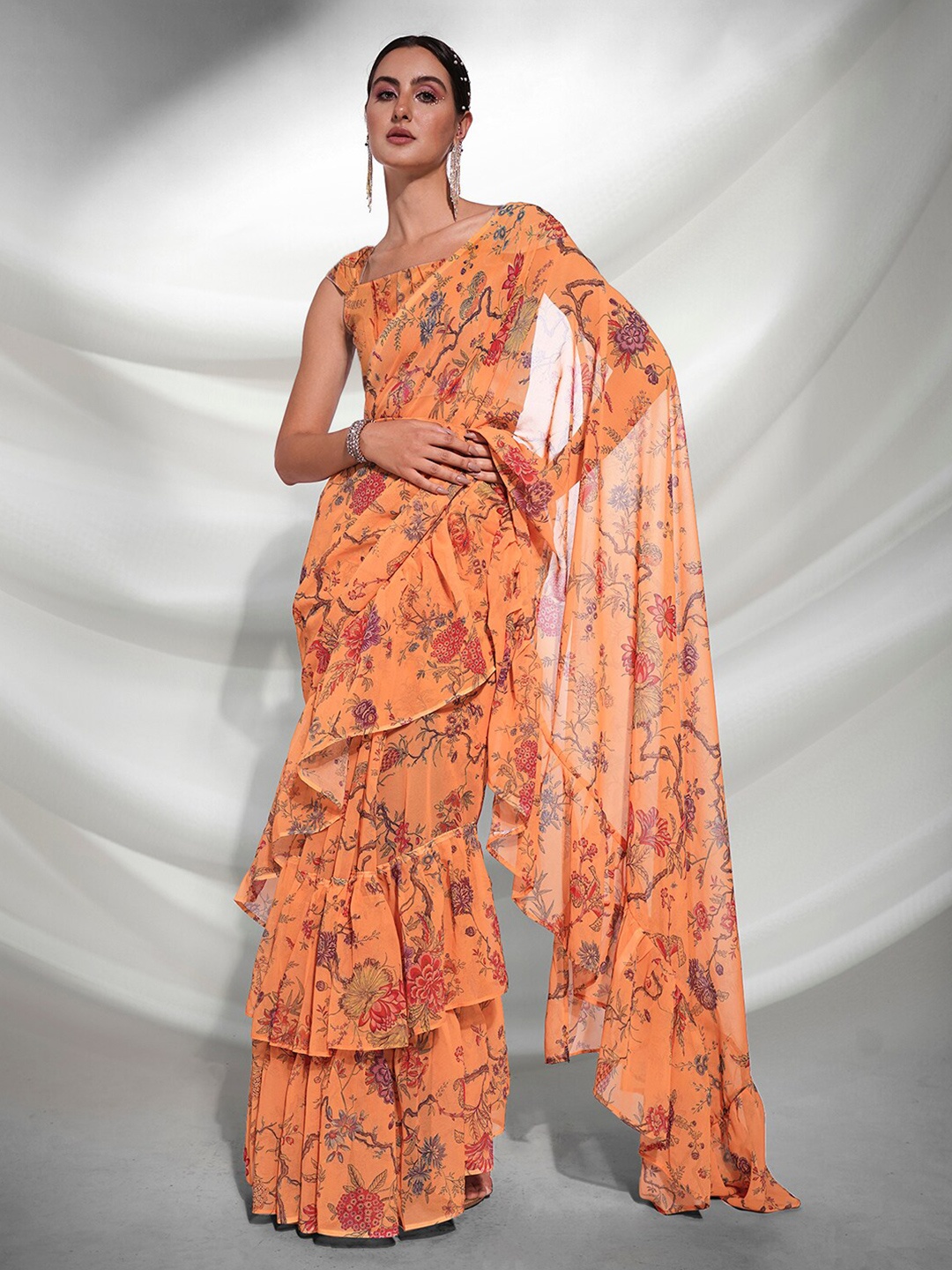 

Mitera Mustard & Pink Floral Printed Ruffled Pure Georgette Saree