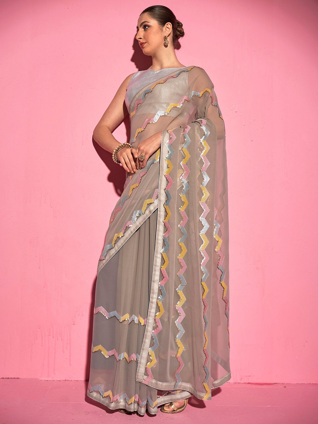 

Mitera Grey & Yellow Sequinned Pure Georgette Saree