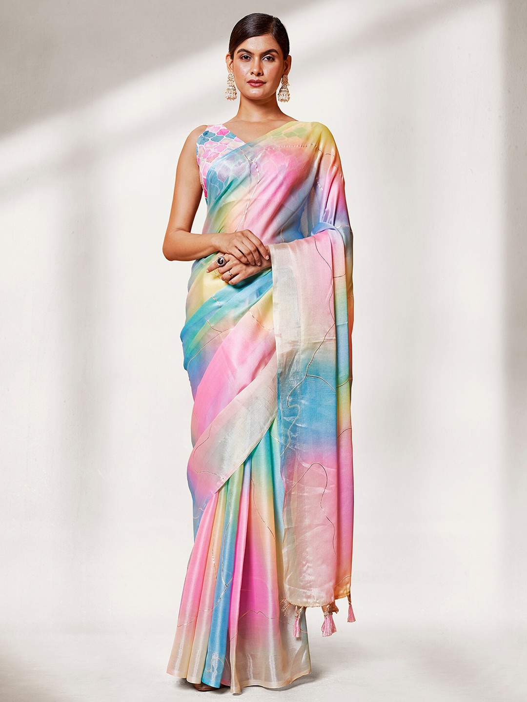 

Mitera Pink & Blue Foil Printed Organza Saree