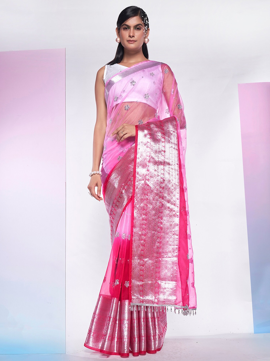 

Mitera Pink & Silver-Toned Embellished Zari Organza Saree