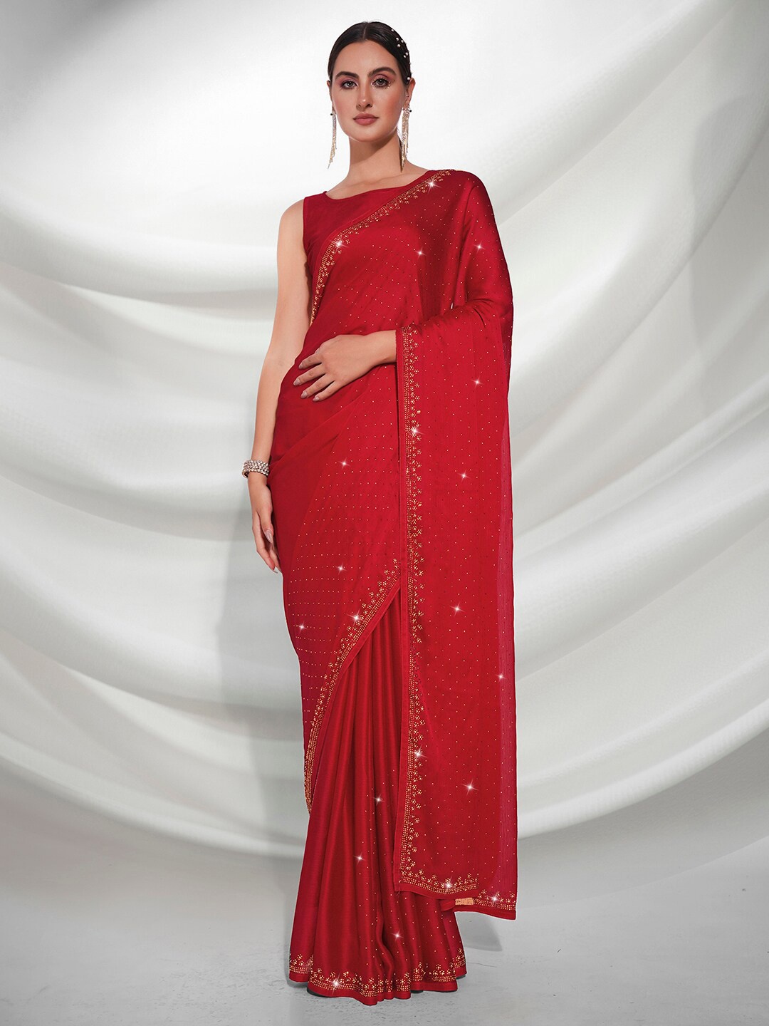 

Mitera Red Embellished Beads and Stones Satin Saree