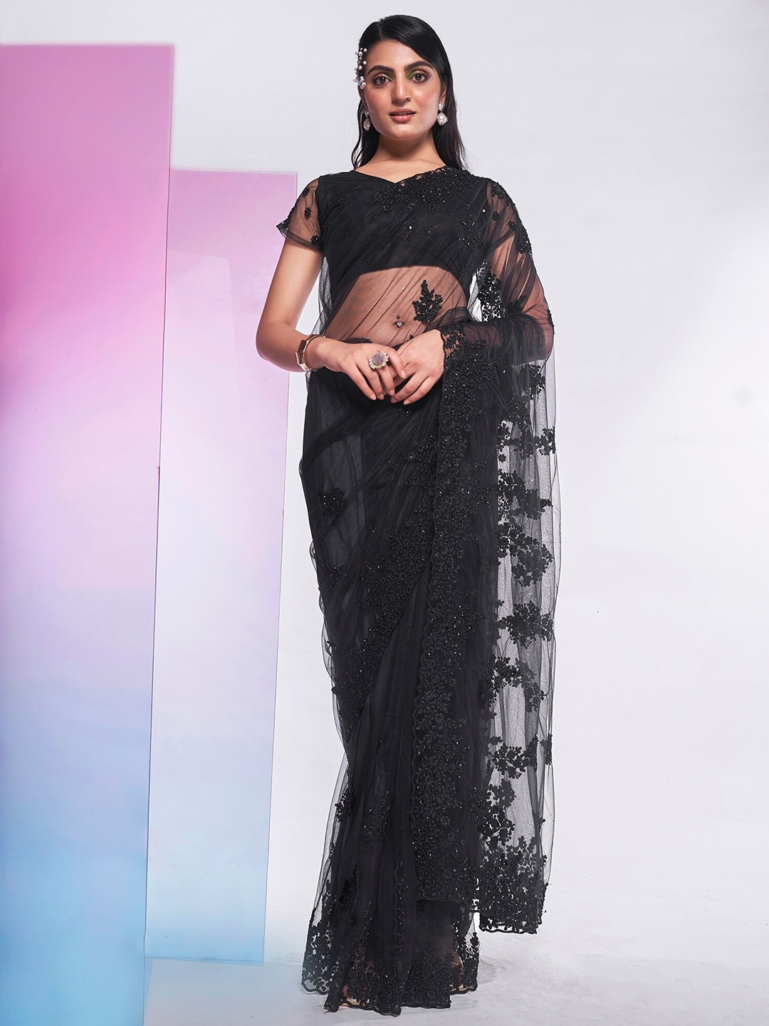 

Mitera Black Floral Embroidered Net Saree