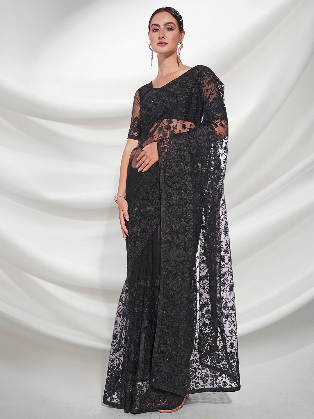 

Mitera Black Embellished Embroidered Net Saree