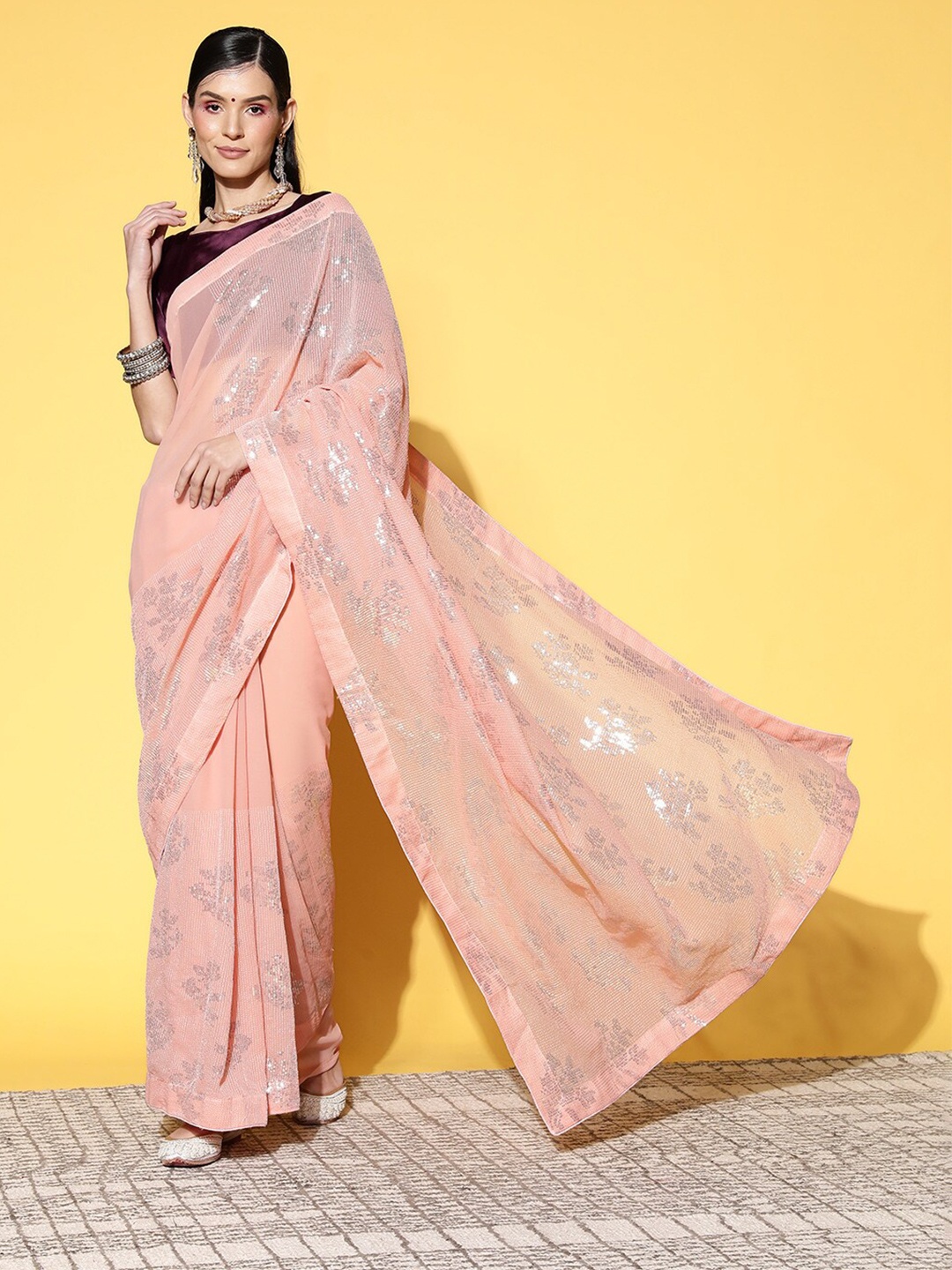 

Mitera Embellished Sequinned Pure Georgette Saree, Peach