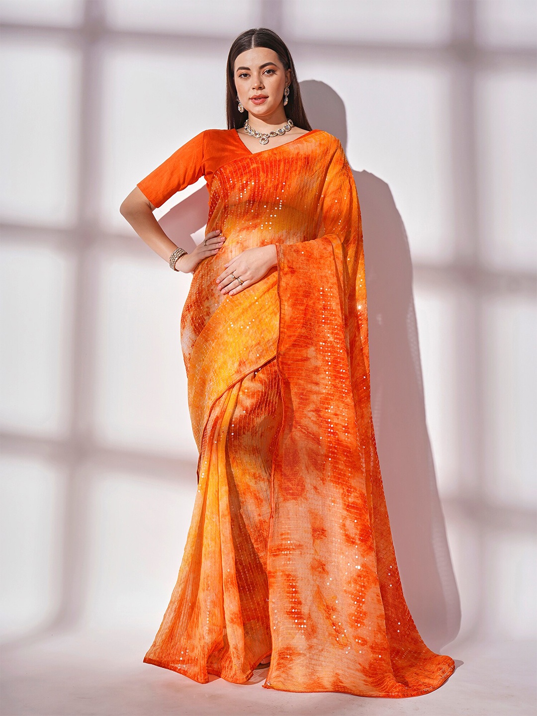 

Mitera Tie and Dye Sequinned Pure Georgette Saree, Orange