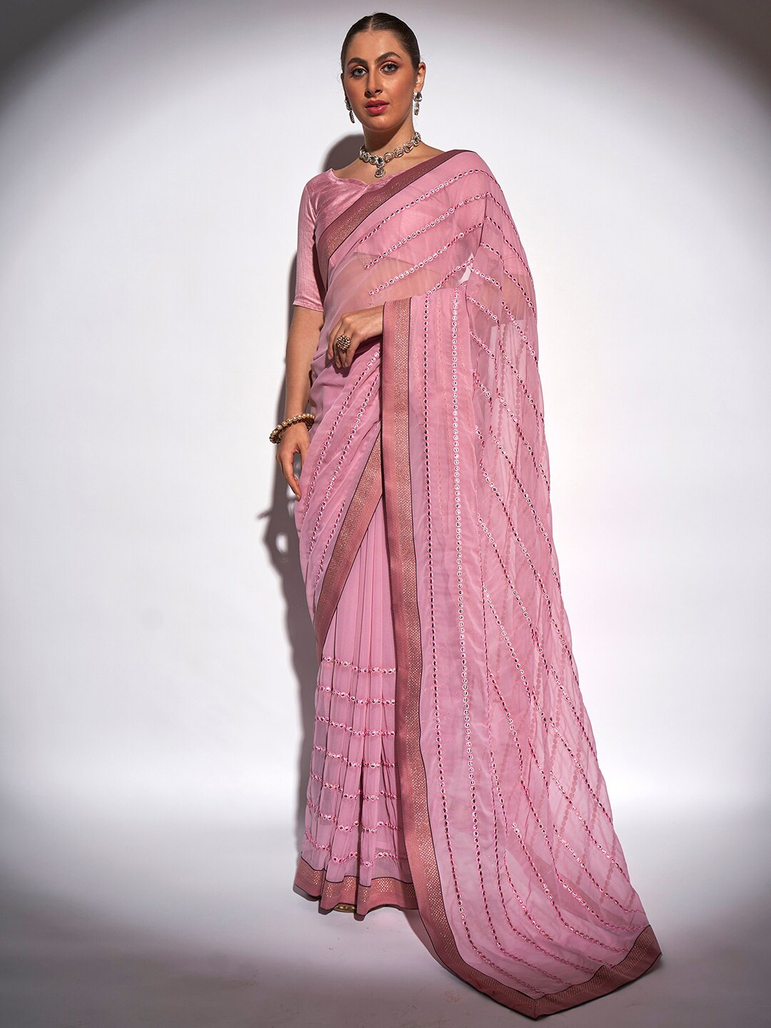 

Mitera Pink & Gold-Toned Embellished Embroidered Pure Georgette Saree