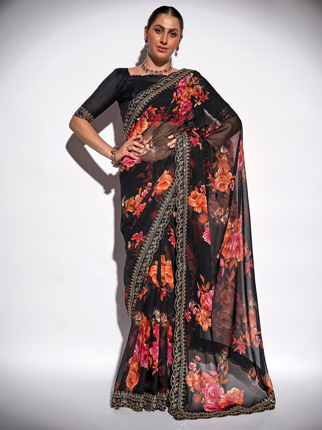 

Mitera Black & Red Floral Printed Sequined Pure Georgette Saree