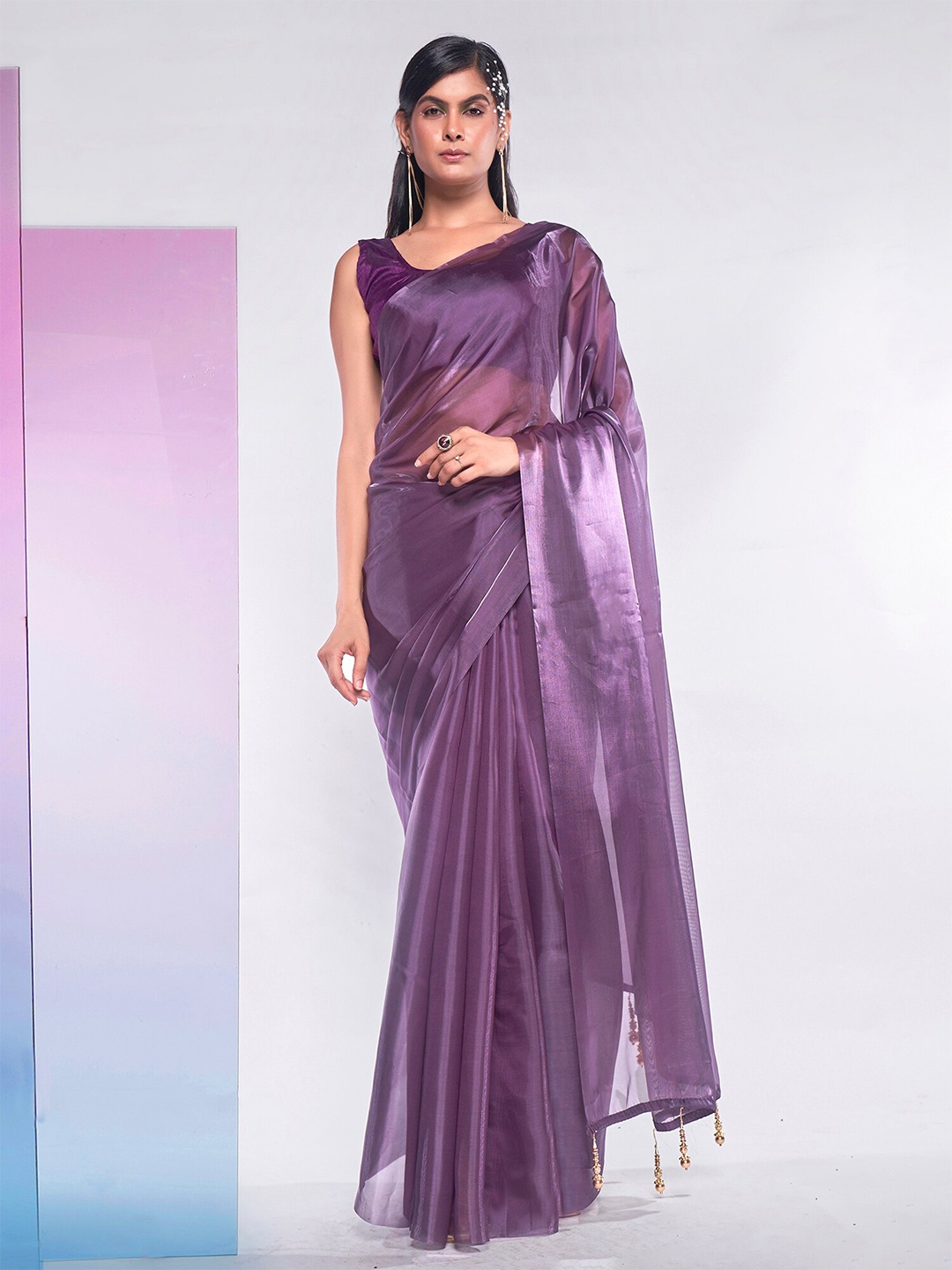 

Mitera Mauve Tasseled Organza Saree
