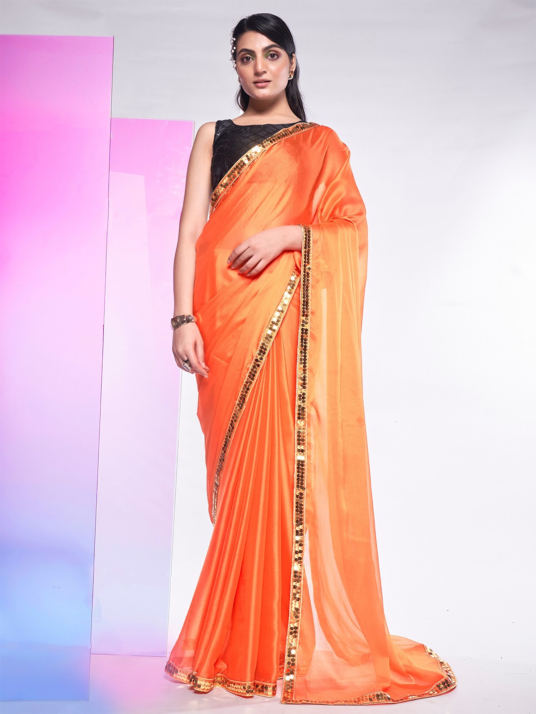 

Mitera Orange & Gold-Toned Sequined Pure Georgette Saree