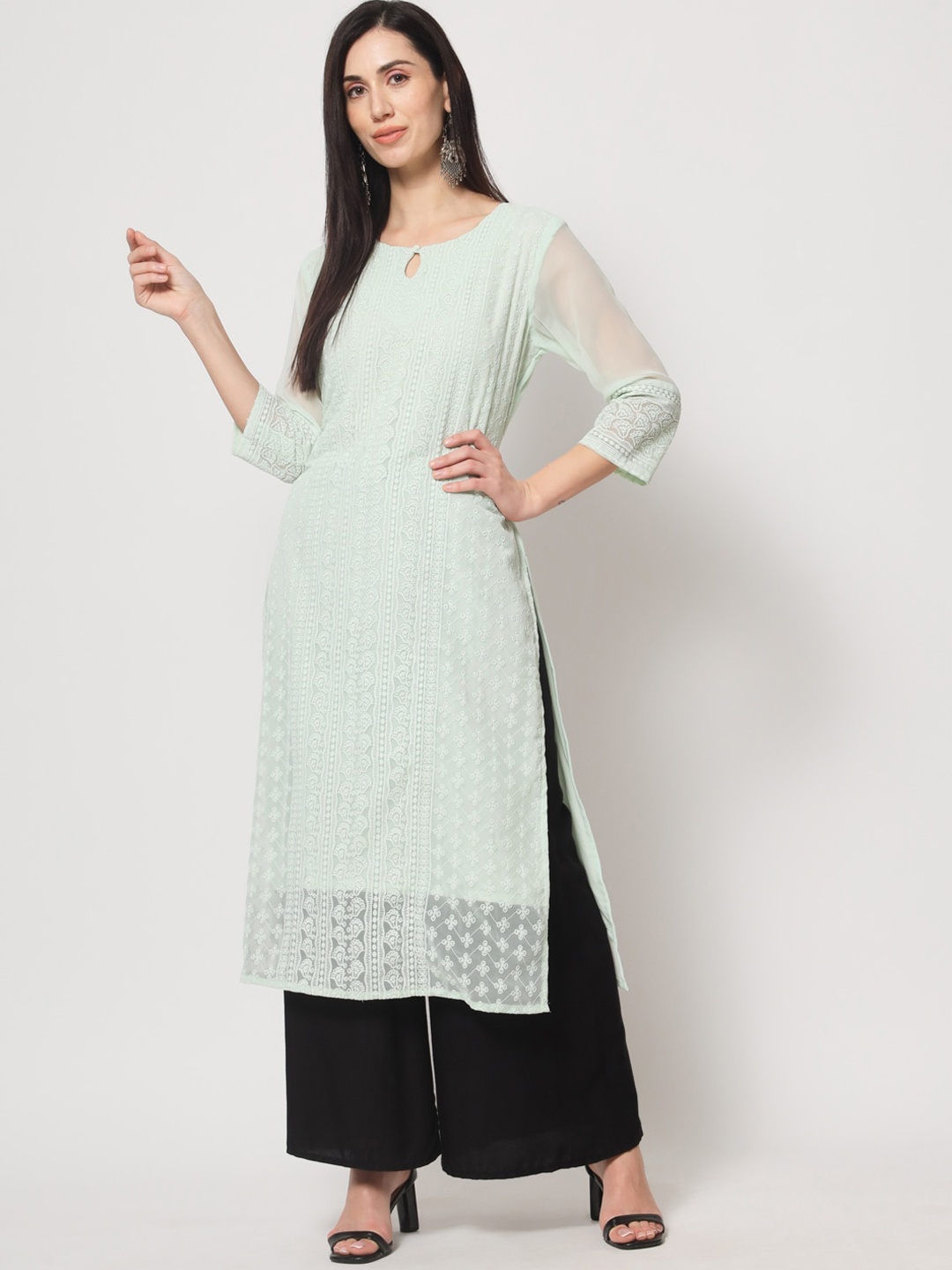 

BLACK SCISSOR Ethnic Motifs Embroidered Georgette Straight Kurta, Green