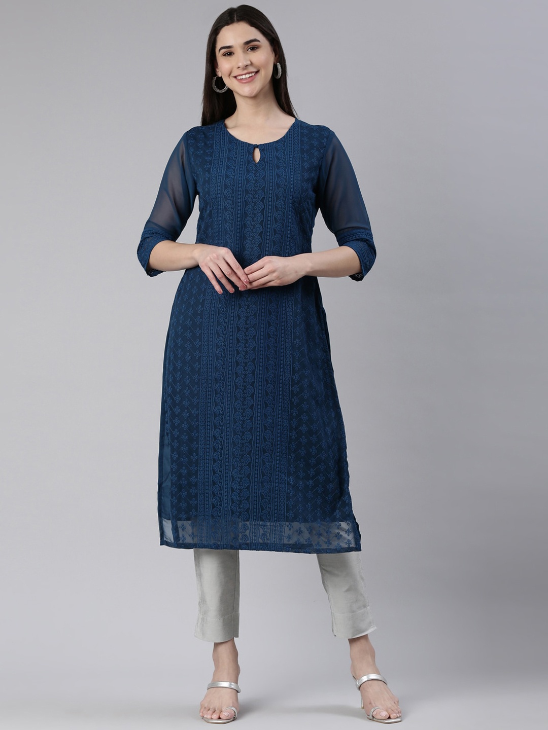 

BLACK SCISSOR Ethnic Motifs Embroidered Keyhole Neck Chikankari Georgette Kurta, Navy blue