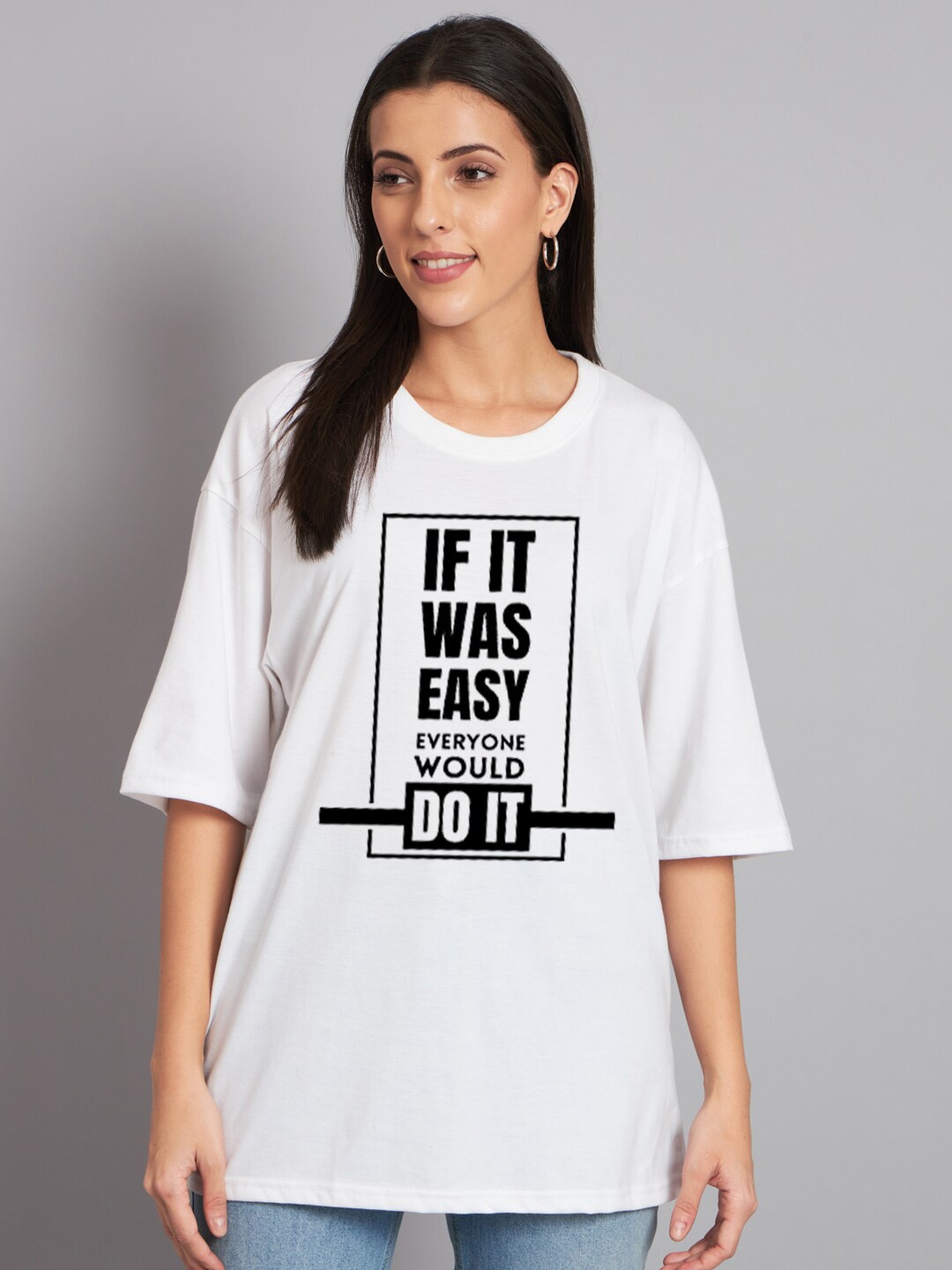 

Imsa Moda Typography Printed Drop Shoulder Sleeves Oversized Cotton T-shirt, White