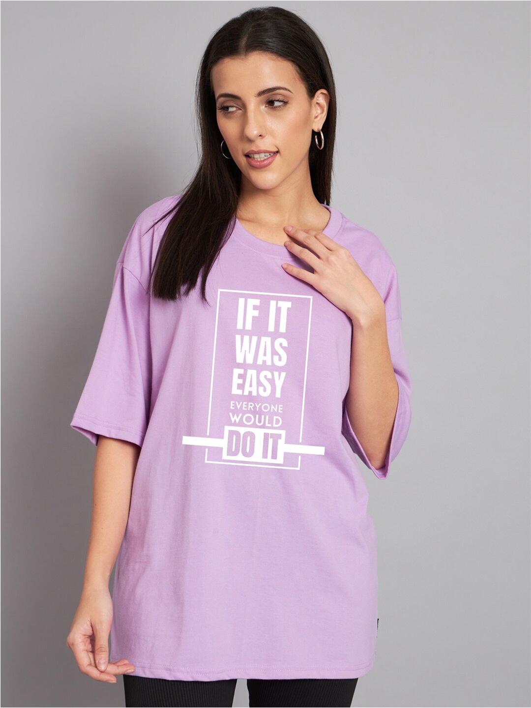 

Imsa Moda Typography Printed Round Neck Drop-Shoulder Sleeves Oversized Cotton T-shirt, Lavender