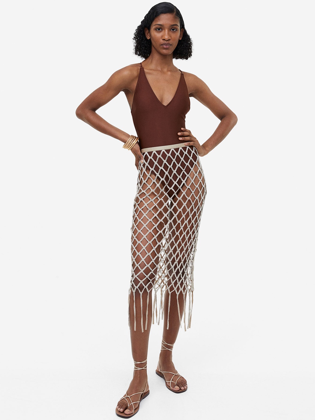 

H&M Glass Bead-Embellished Net Skirt, Beige