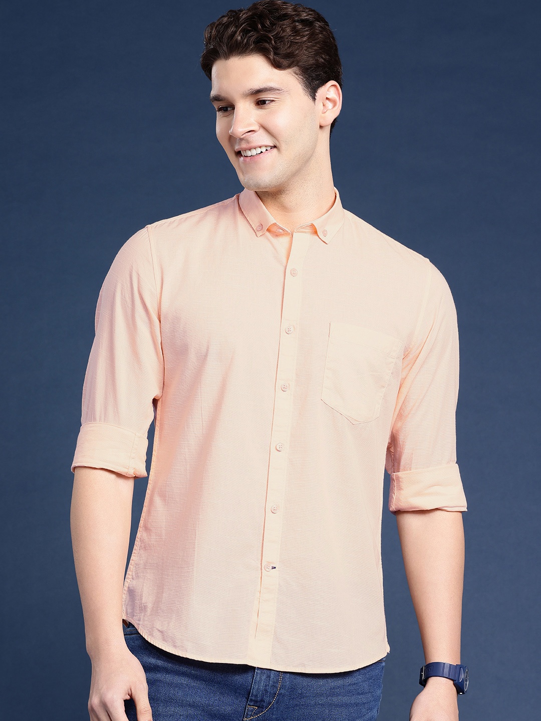 

Mast & Harbour Men Standard Opaque Cotton Casual Shirt, Peach