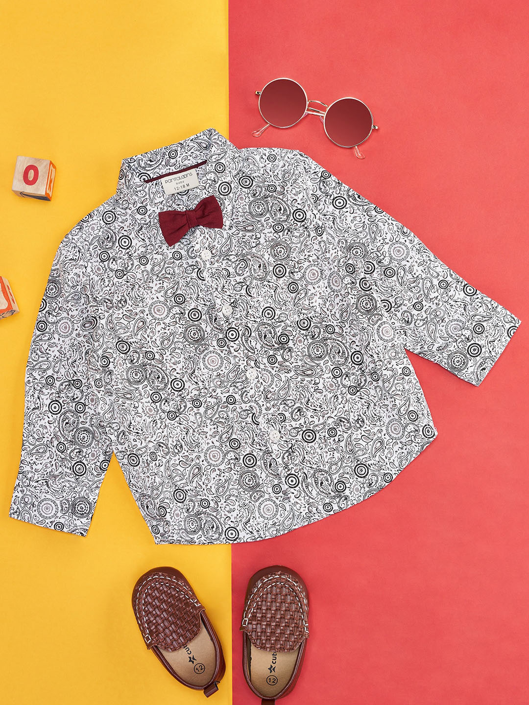

Pantaloons Baby Boys Abstract Printed Casual Cotton Shirt With Bow Tie, White