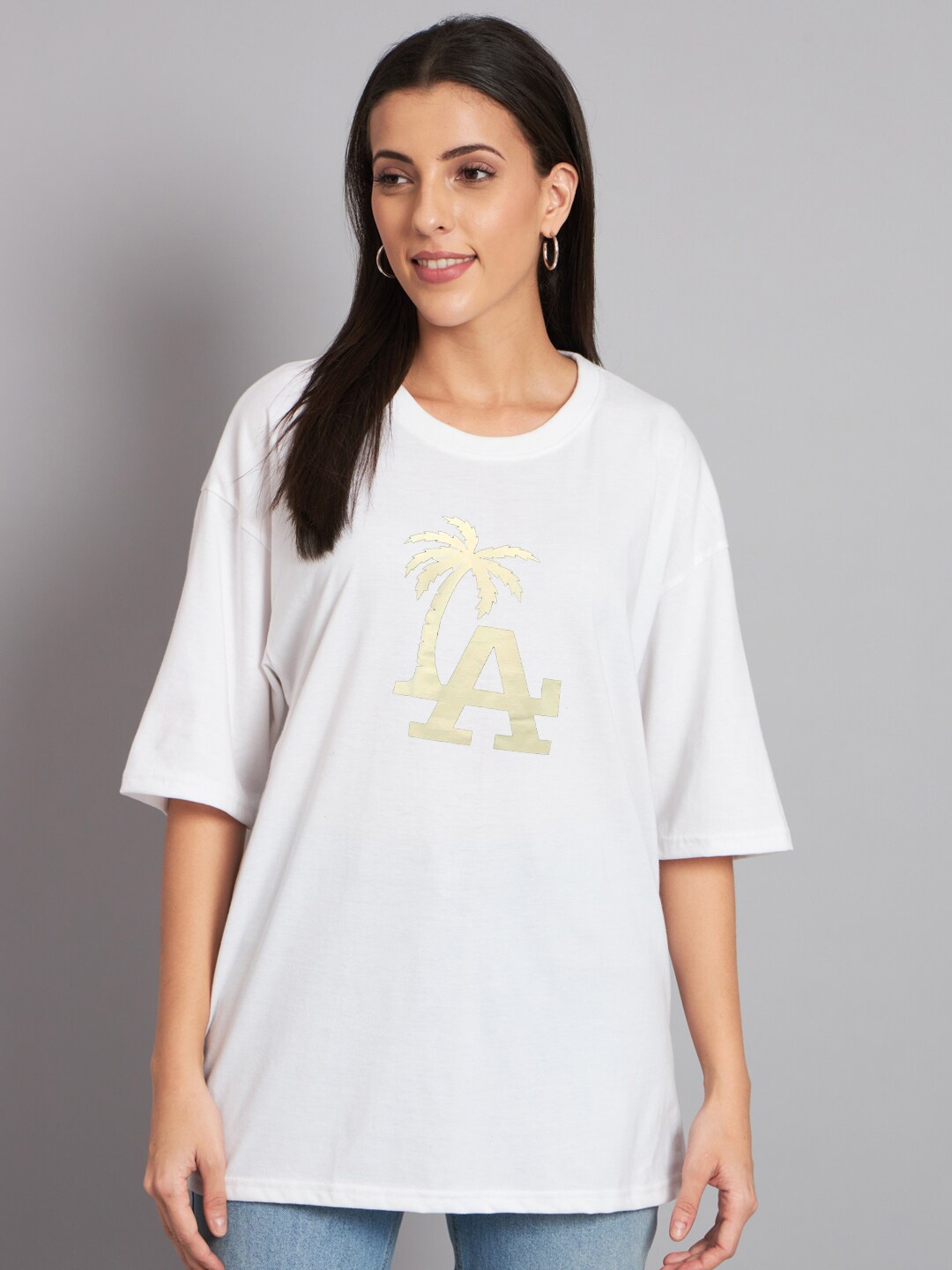 

Imsa Moda Typography Printed Drop Shoulder Sleeves Oversized Cotton T-shirt, White