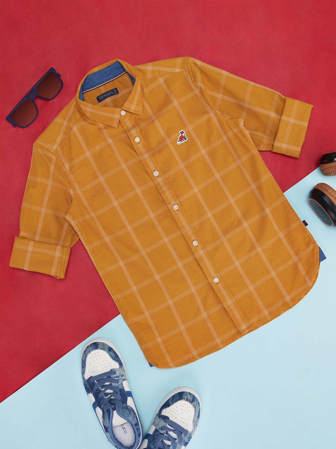

Pantaloons Junior Boys Windowpane Checked Cotton Casual Shirt, Mustard