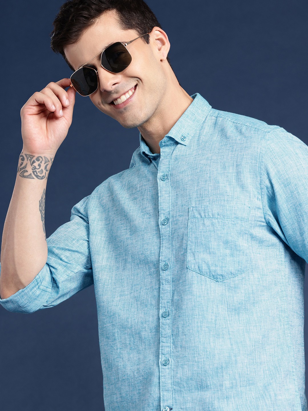

Mast & Harbour Men Polycotton Linen Shirt, Blue