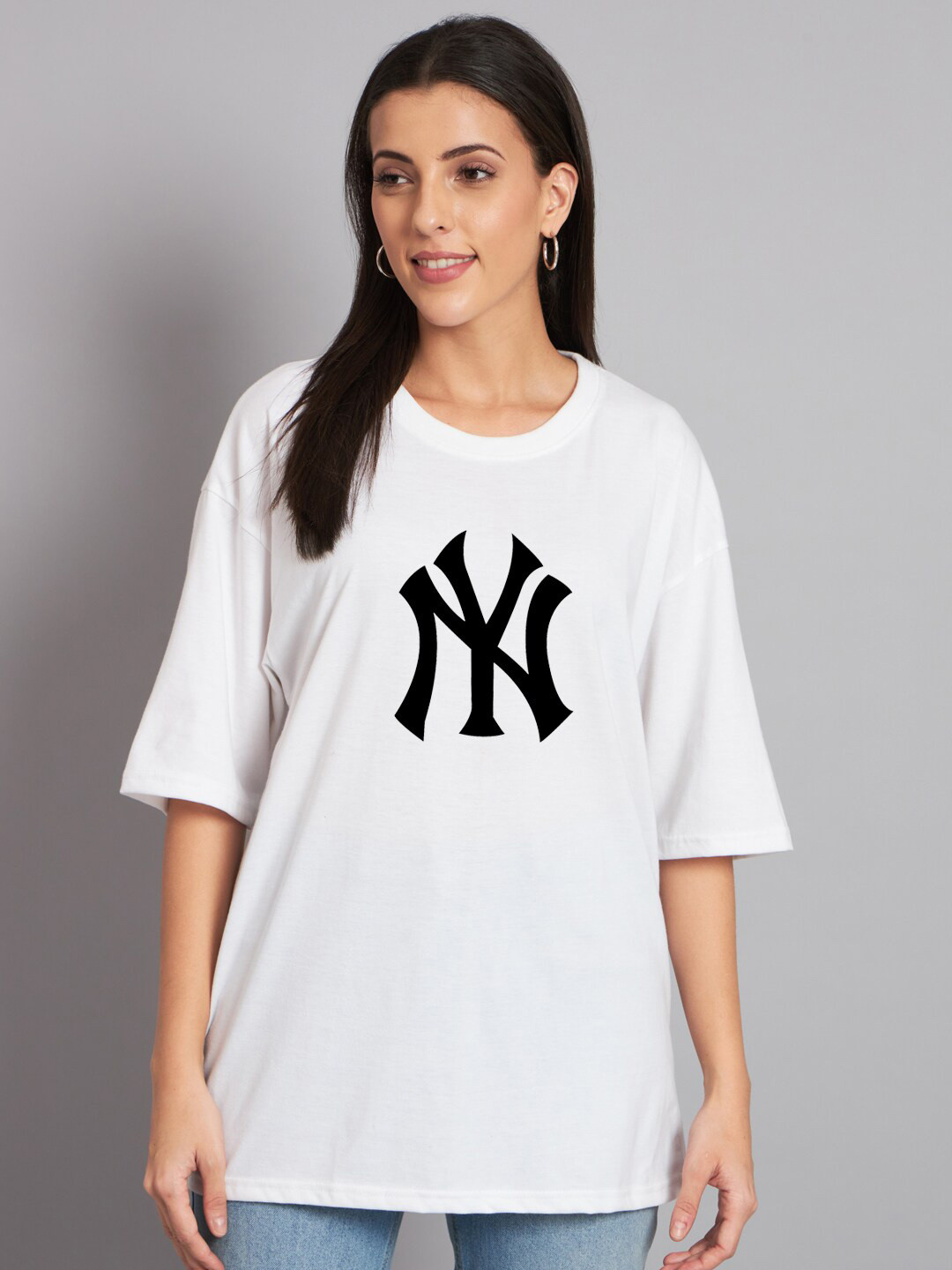 

Imsa Moda Typography Printed Drop Shoulder Sleeves Oversized Cotton T-shirt, White