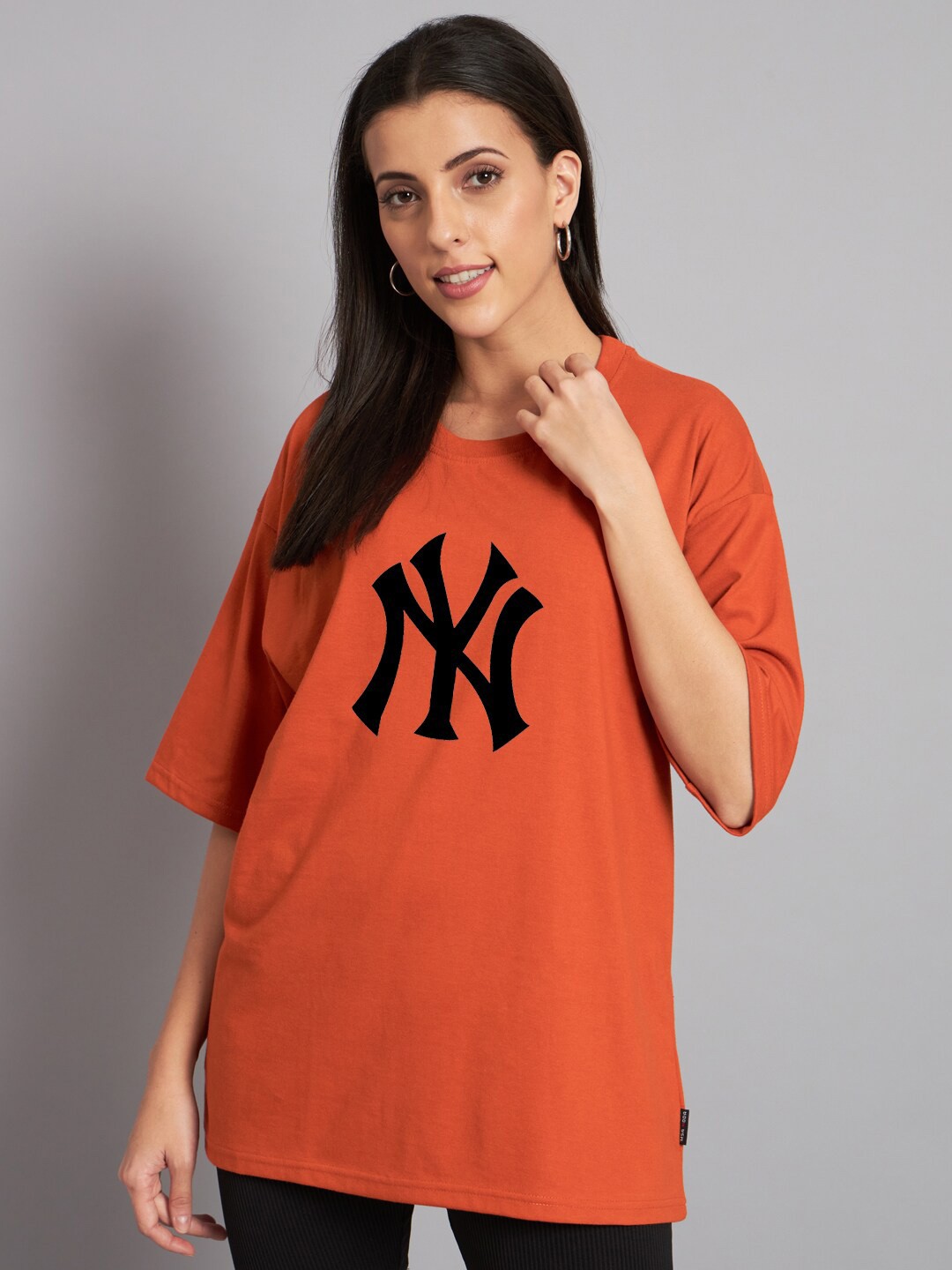 

Imsa Moda Typography Printed Drop Shoulder Sleeves Oversized Cotton T-shirt, Orange