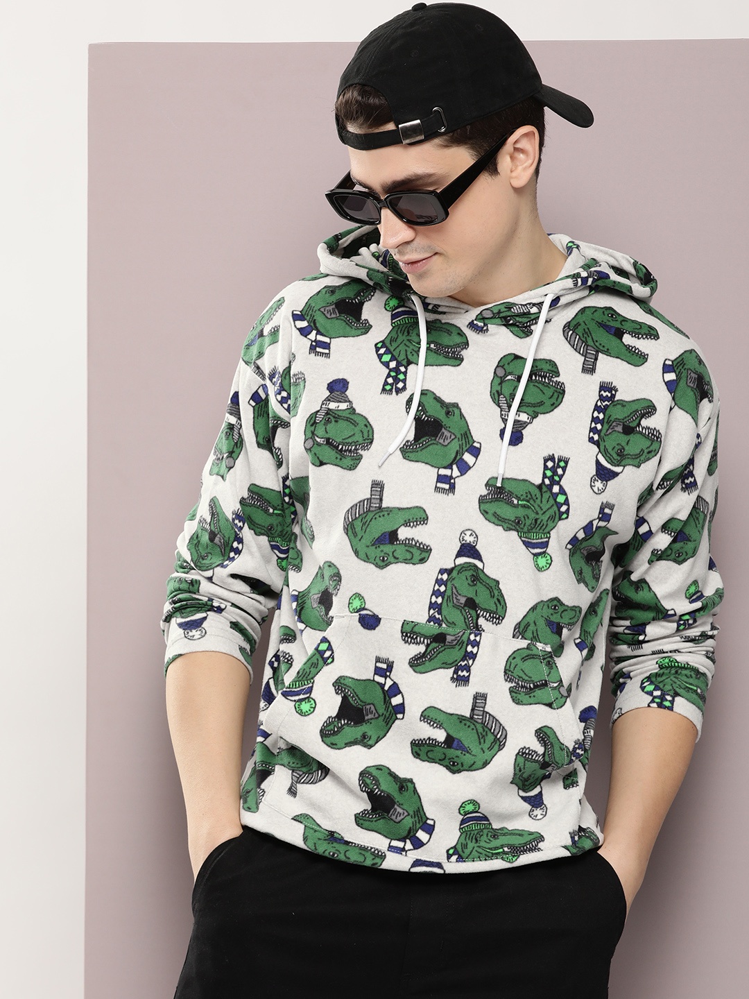 

Kook N Keech Men Dinosaur Graphic Print Hooded Sweatshirt, Grey melange