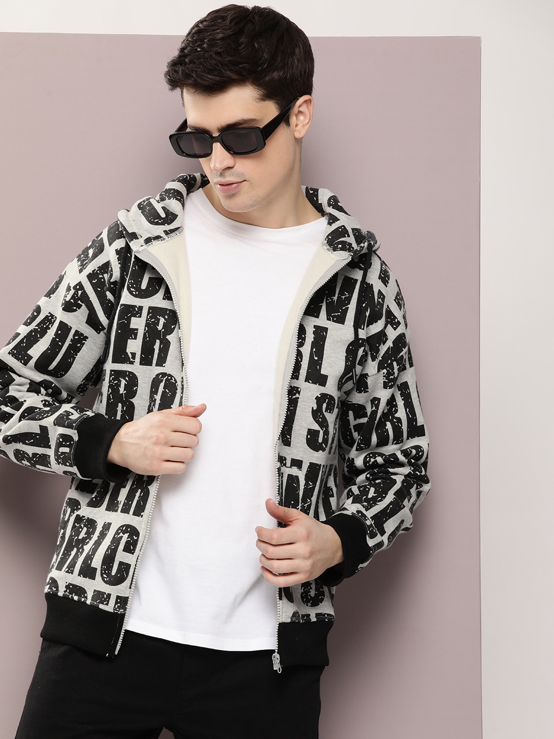 

Kook N Keech Men Typography Print Hooded Front-Open Sweatshirt, Grey melange
