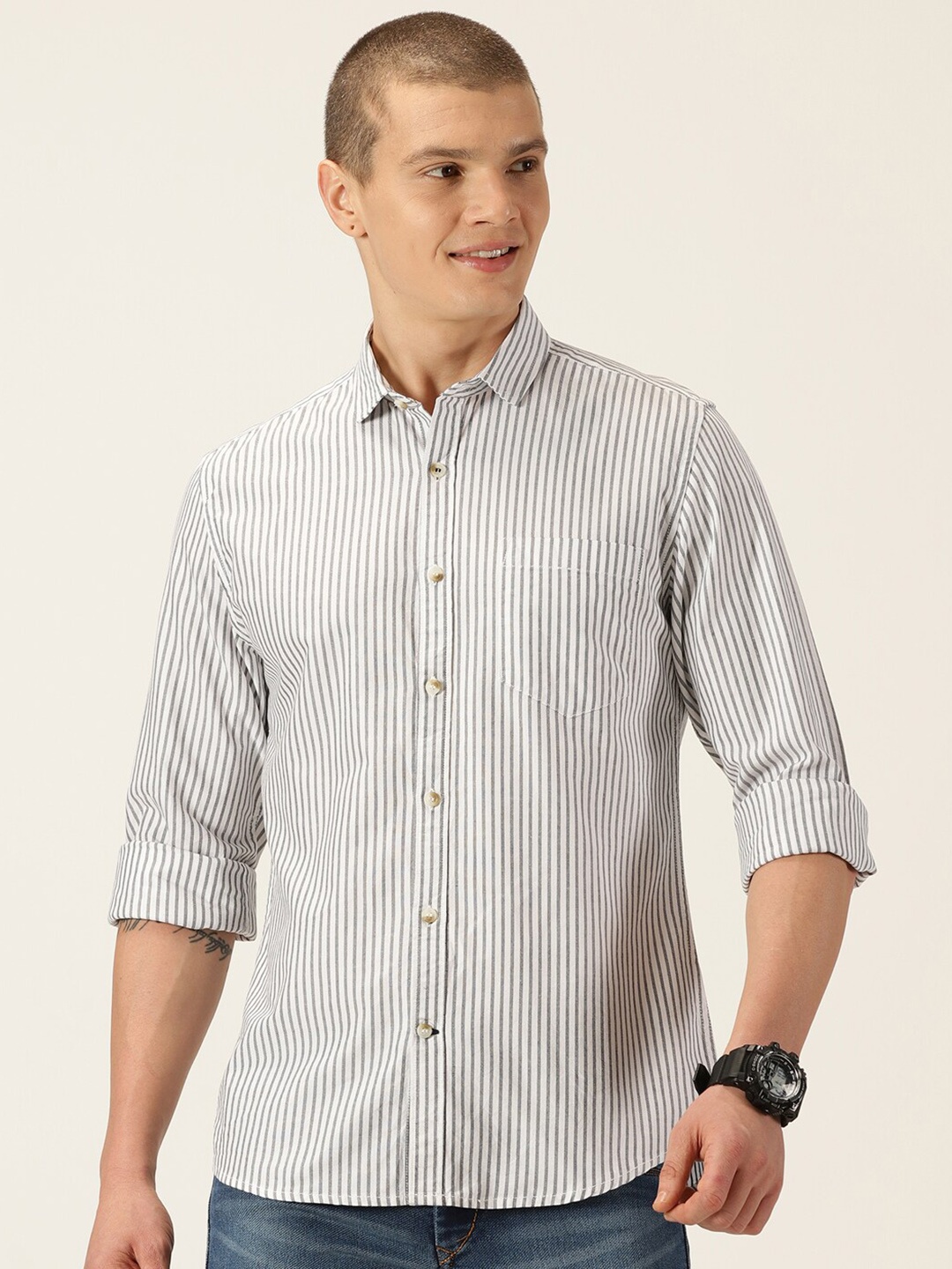 

Mast & Harbour Striped Oxford Classic Slim Fit Cotton Casual Shirt, White