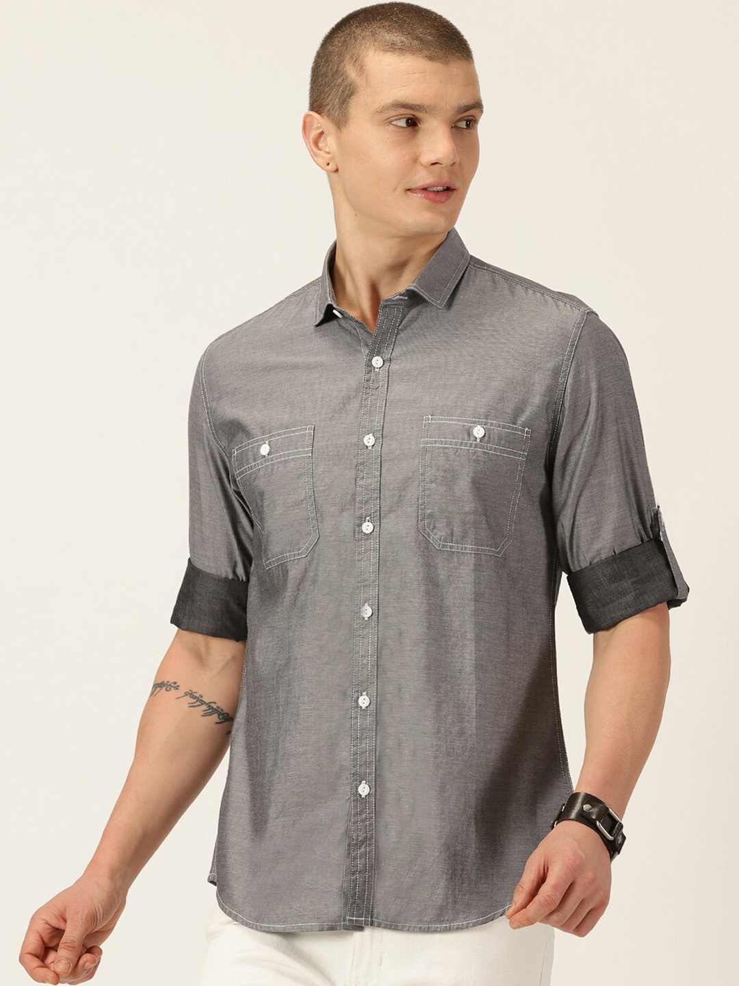 

Mast & Harbour Charcoal Classic Slim Fit Pure Cotton Casual Shirt